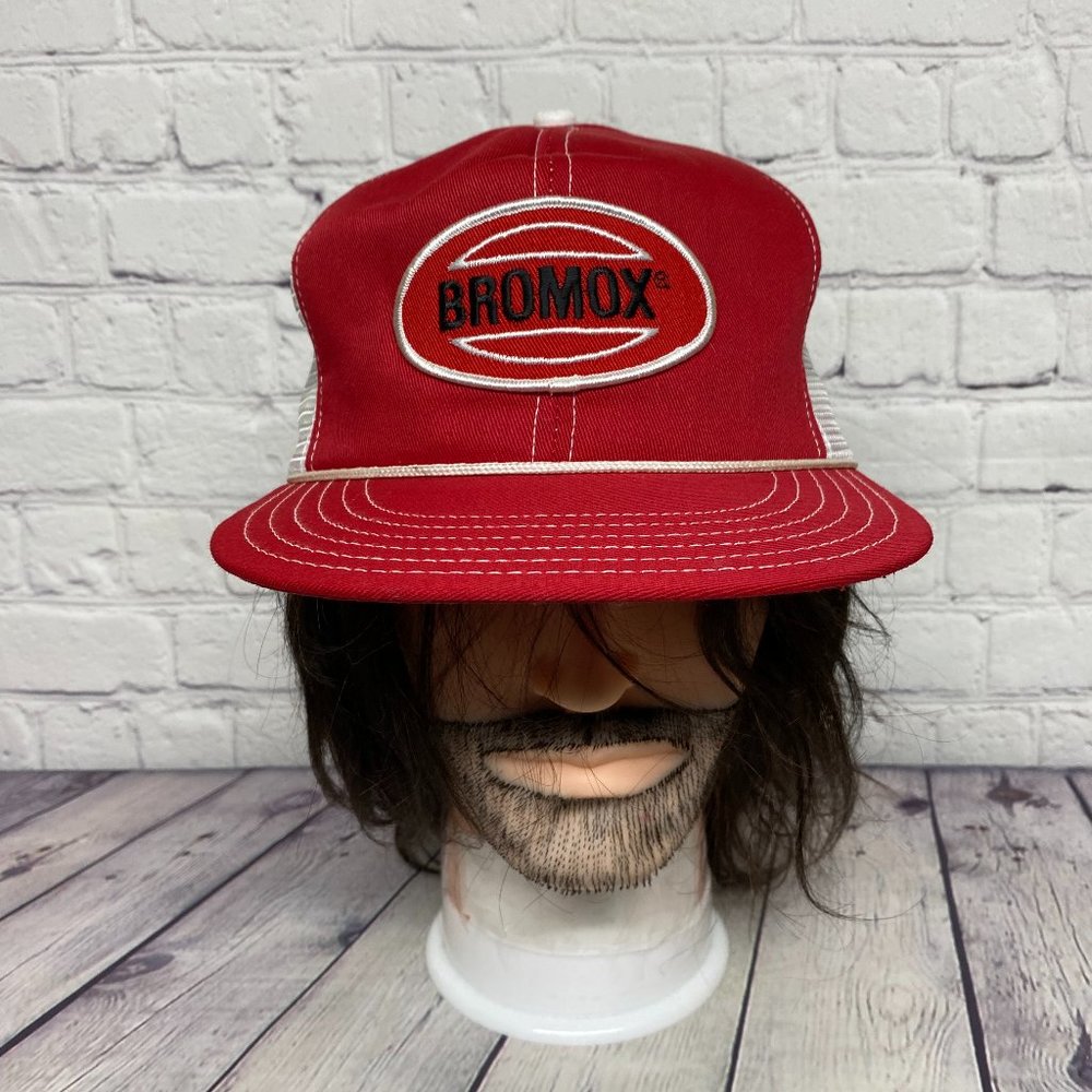 Vintage Farmer Hat Mesh Rope Cap Red White BROMOX Herbicide - DEFECT HOLE Item#2